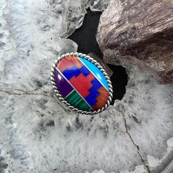 Carolyn Pollack Sterling Silver Oval Multistone Inlay Rug Design Ring Size 7.5 - Picture 2 of 10